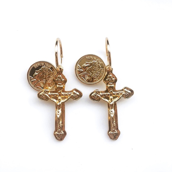 Jewelry - Gold Pendant Coin and Cross Religious Earrings